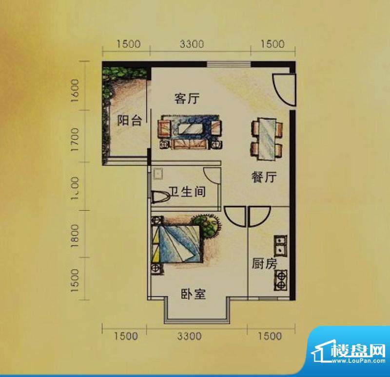 龙逸河畔标准户型二面积:55.00平米