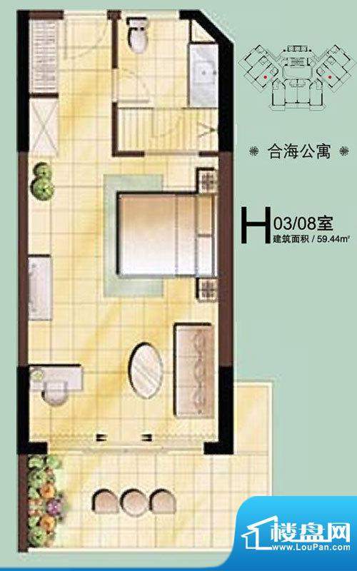博鳌宝莲城合海公寓面积:59.44平米