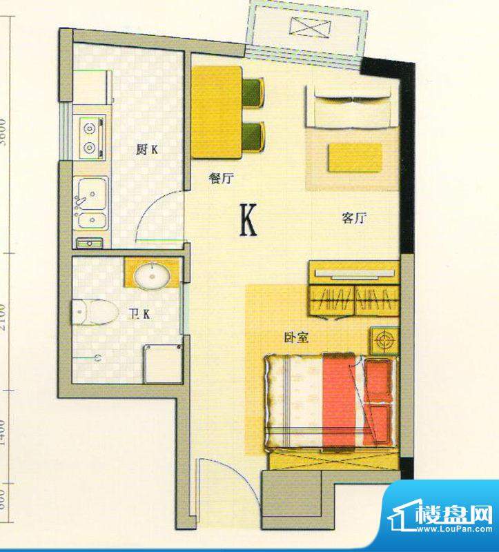 华侨广场K户型 1室1面积:44.64平米