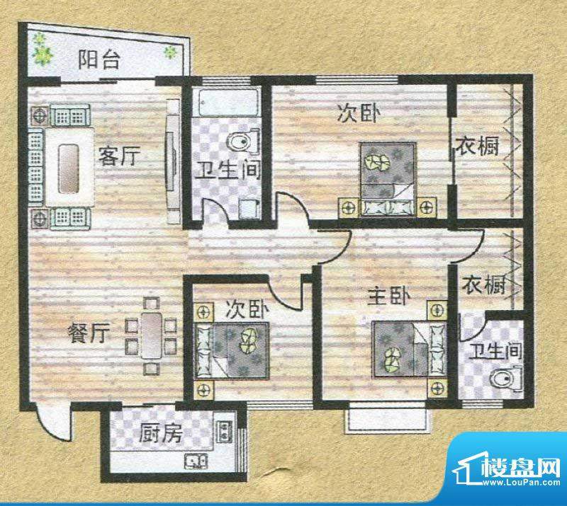 亚秀丽都P户型 3室2面积:131.29m平米