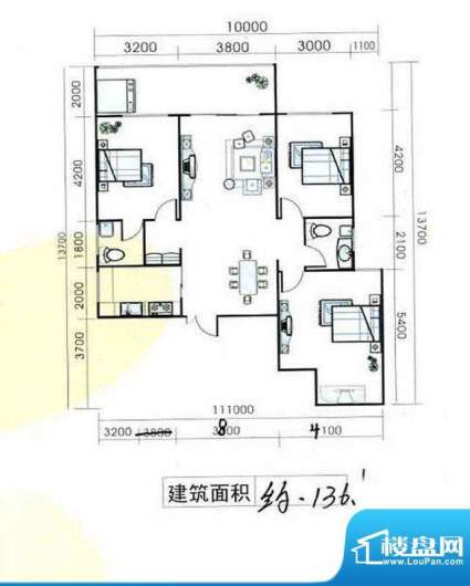 置隆花园户型图 3室面积:136.00m平米