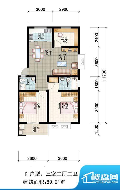 秀水人家D户型图 3室面积:89.00m平米