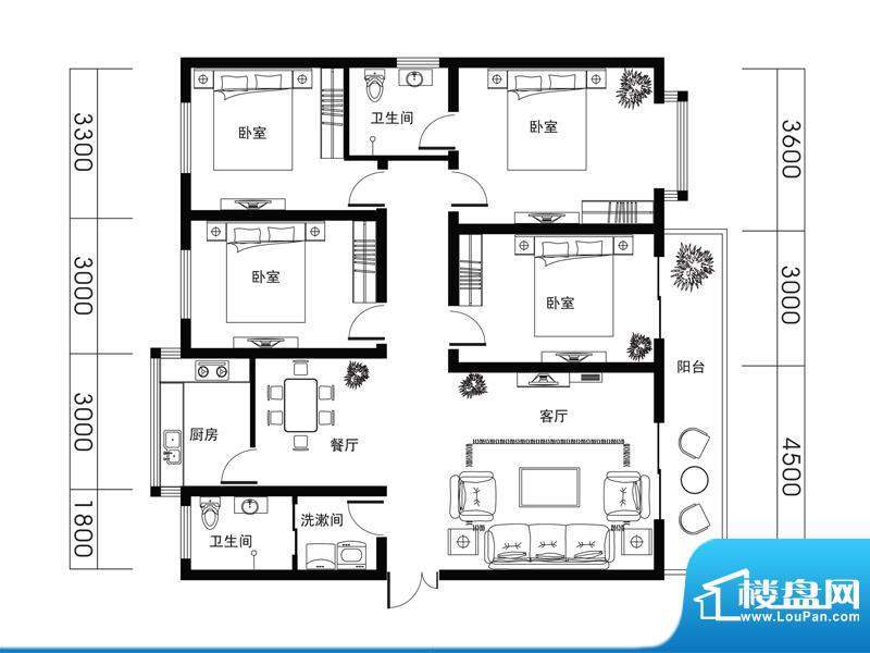 荆山名邸D户型 4室2面积:156.96m平米