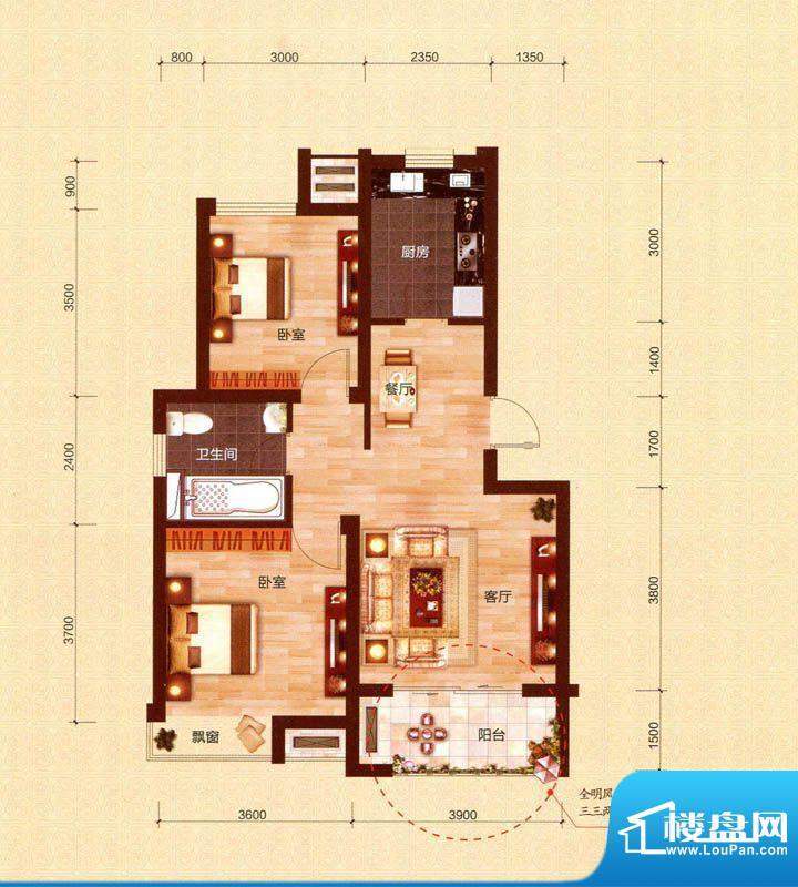 宇隆嘉苑F户型图 2室面积:76.04m平米