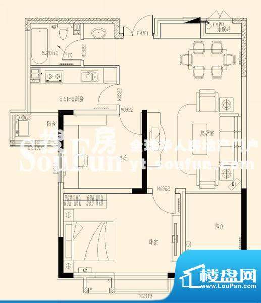 康和新城D-B1户型图面积:83.40平米