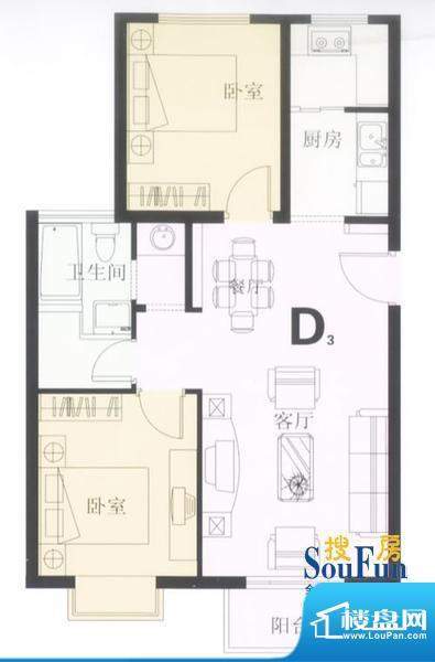 鼎城2008D3户型图 2面积:79.00平米