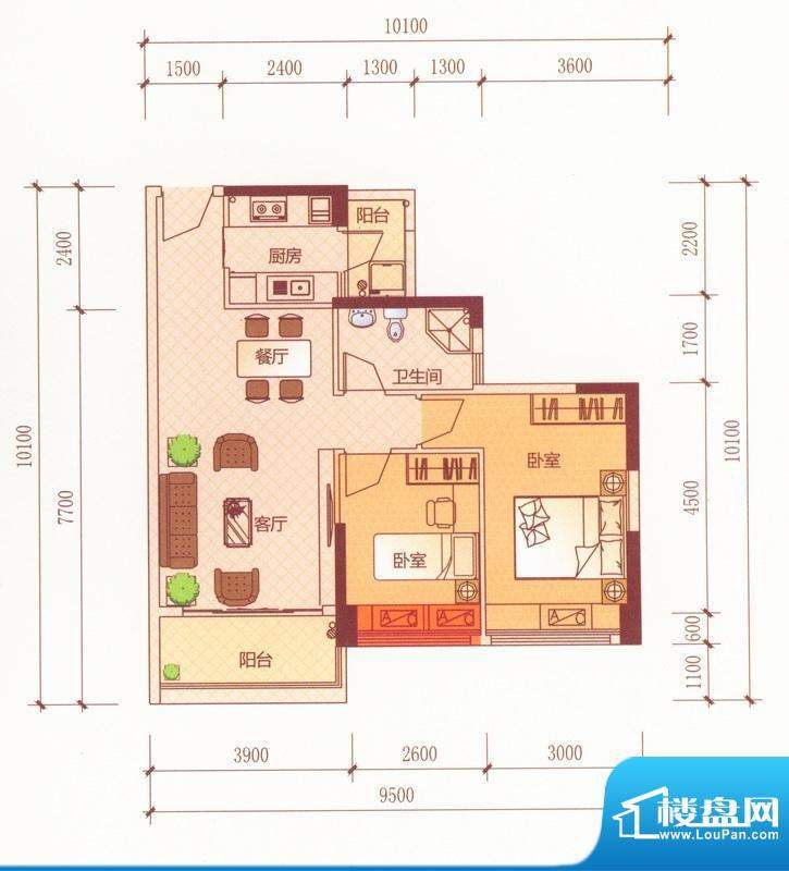 新世纪宜居A4户型2房面积:77.79平米