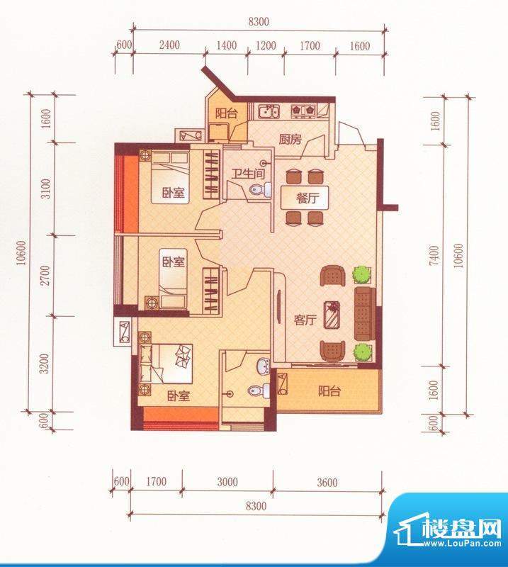 新世纪宜居B6户型3房面积:92.90平米