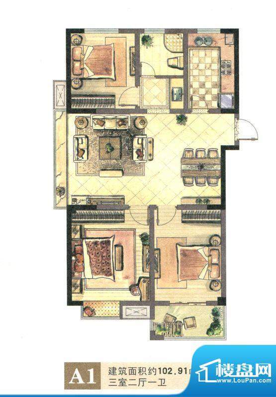 景城名郡A1户型 3室面积:102.91m平米