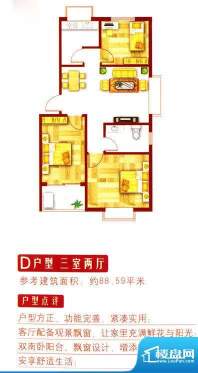 盛世新东城多层D户型面积:88.59m平米