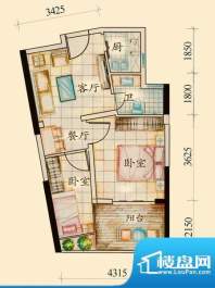 绿岛B户型 2室1厅1卫面积:52.95平米