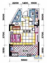山泉海5#楼A1-3户型面积:46.45平米