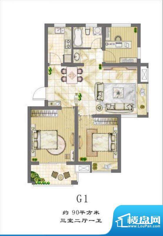 和风丽园G1户型 3室面积:90.00m平米