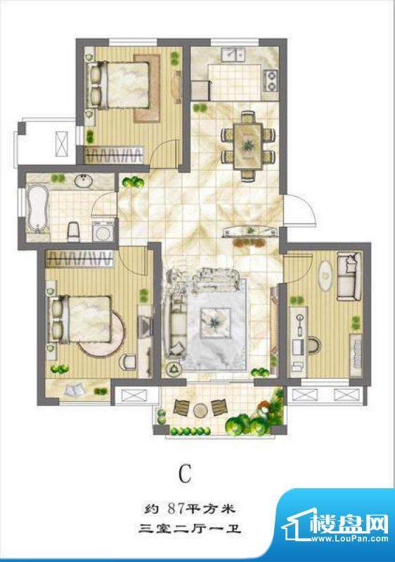 和风丽园C户型 3室2面积:87.00m平米