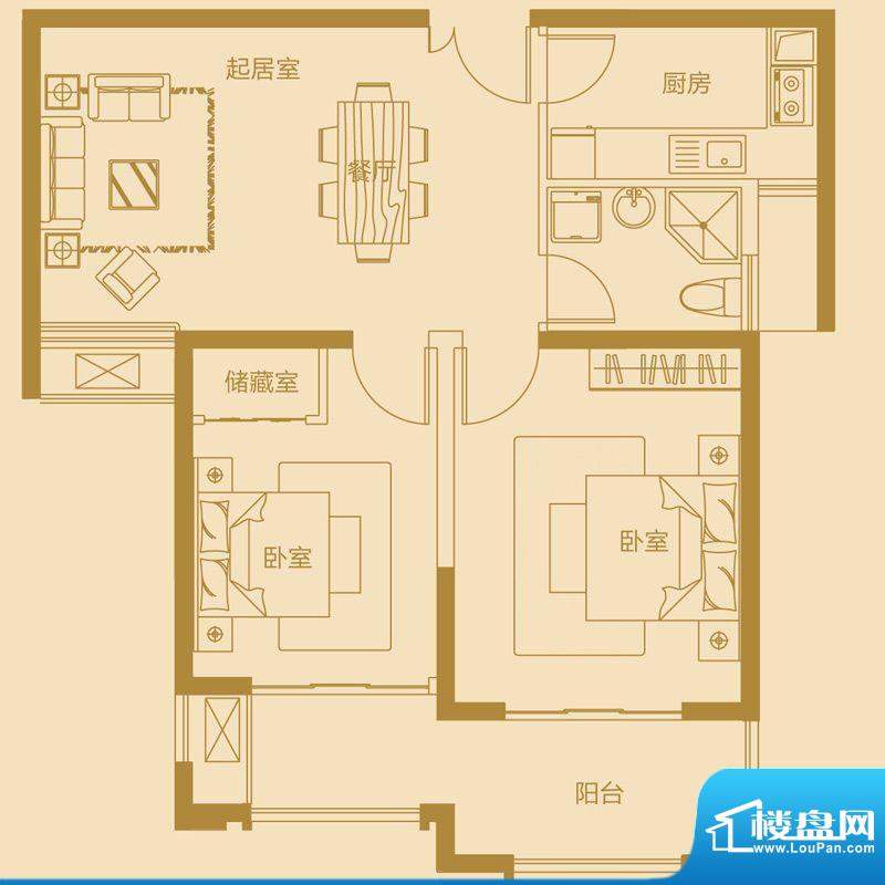 蓝岳相府E户型 2室2面积:88.35m平米