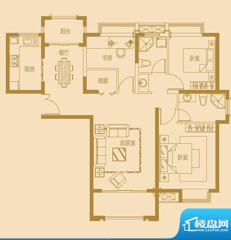 蓝岳相府A户型 3室2面积:125.41m平米