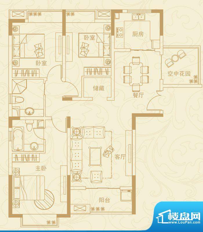 蓝岳首府A户型 3室2面积:128.80m平米