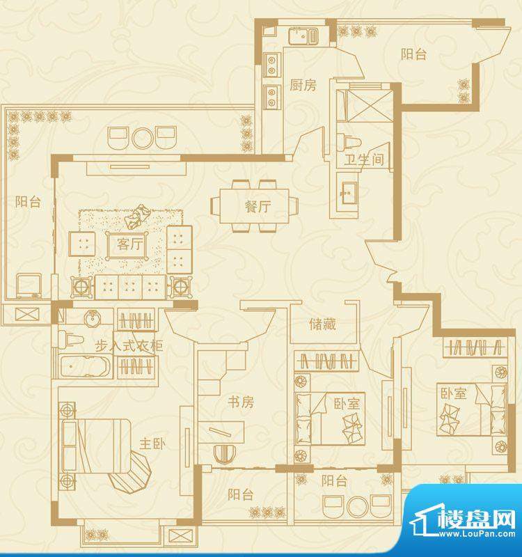蓝岳首府G户型 4室2面积:160.90m平米