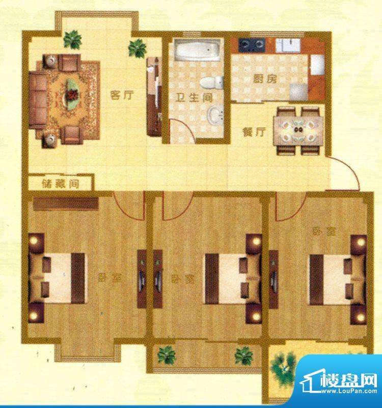 紫星城B1户型 3室2厅面积:100.00m平米