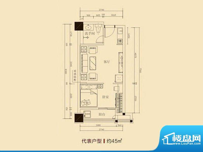 锦绣公寓公寓一房户面积:45.00m平米
