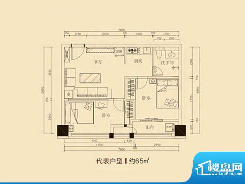 锦绣公寓公寓二房户面积:65.00m平米