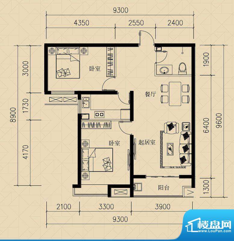 燕赵国际B户型两室两面积:92.68m平米