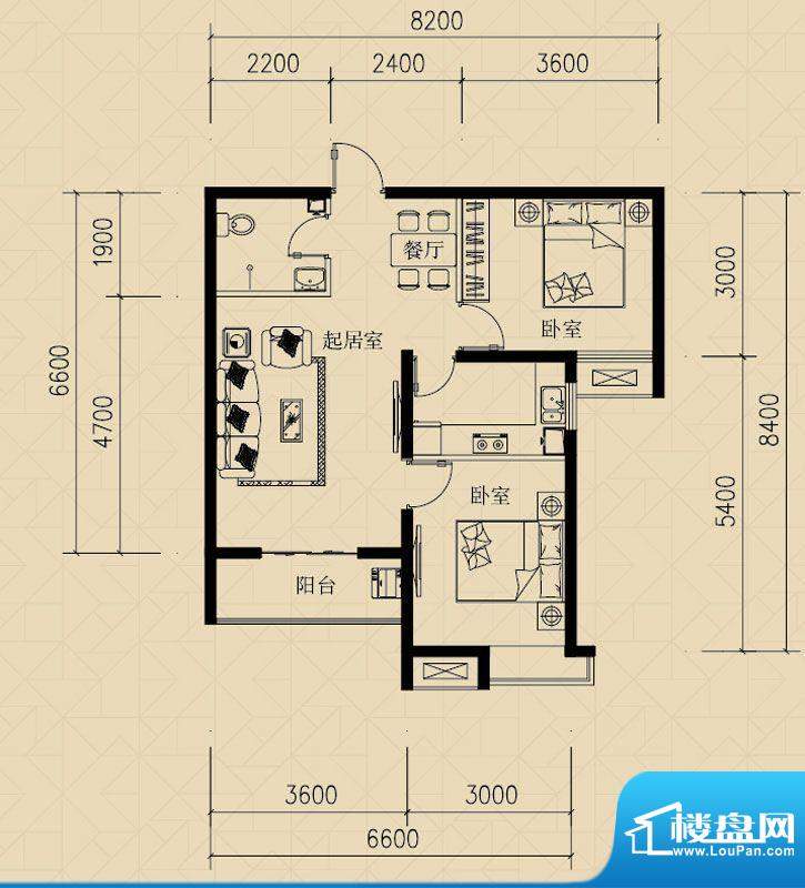 燕赵国际E户型两室两面积:76.56m平米