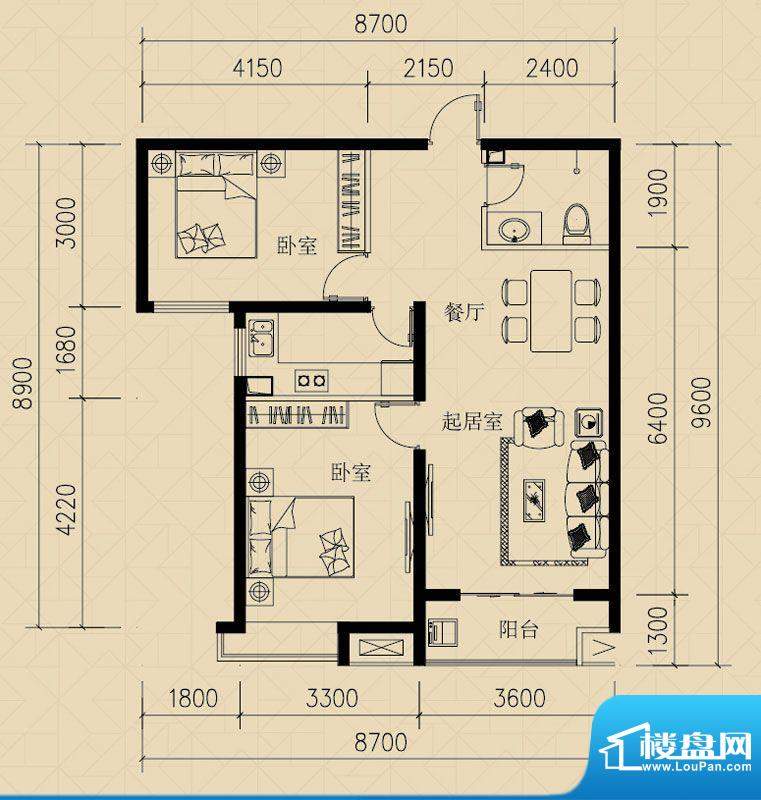 燕赵国际G户型两室两面积:88.22m平米