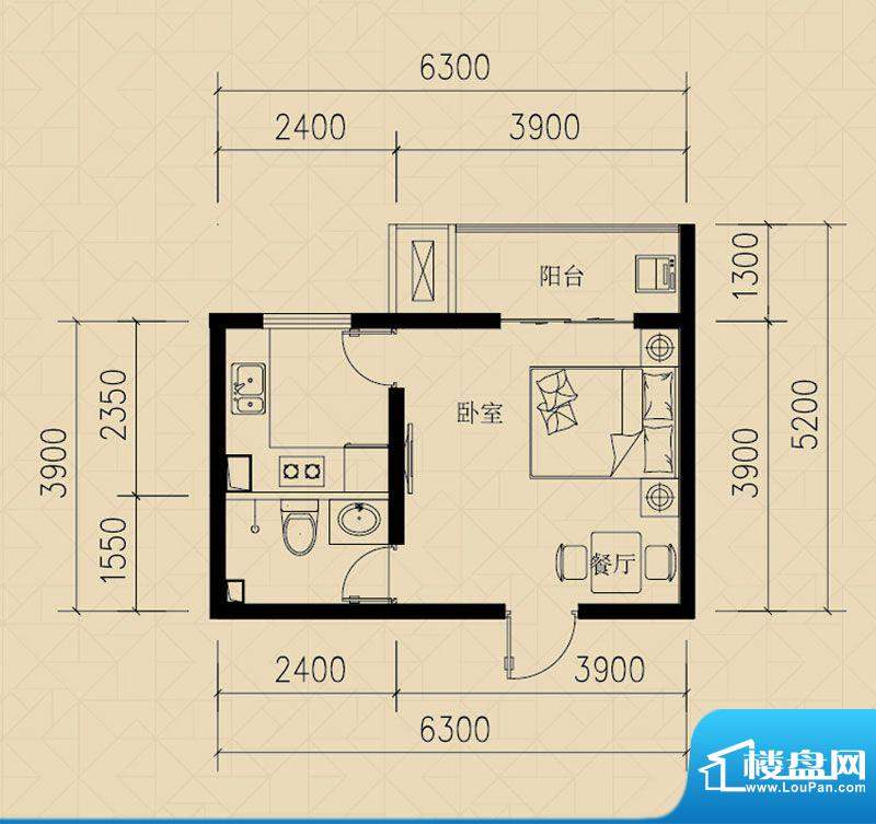 燕赵国际H户型一室两面积:36.72m平米