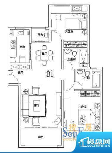 建滔裕花园B1户型 2面积:107.30平米