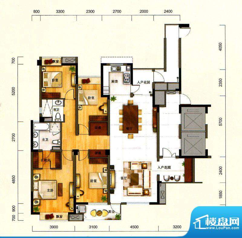 一方城E户型 4室2厅面积:189.77平米