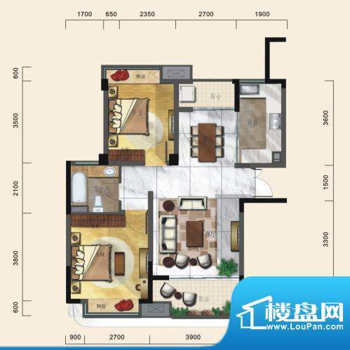 一方城B户型精致两房面积:89.81平米