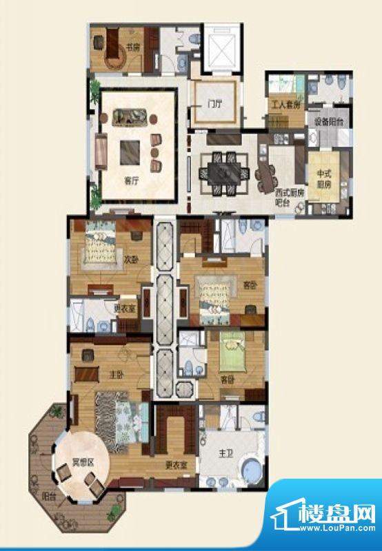 华府庄园J1户型 5室面积:374.31平米