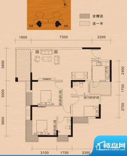 亿嘉菁华园C户型 3室面积:105.43平米
