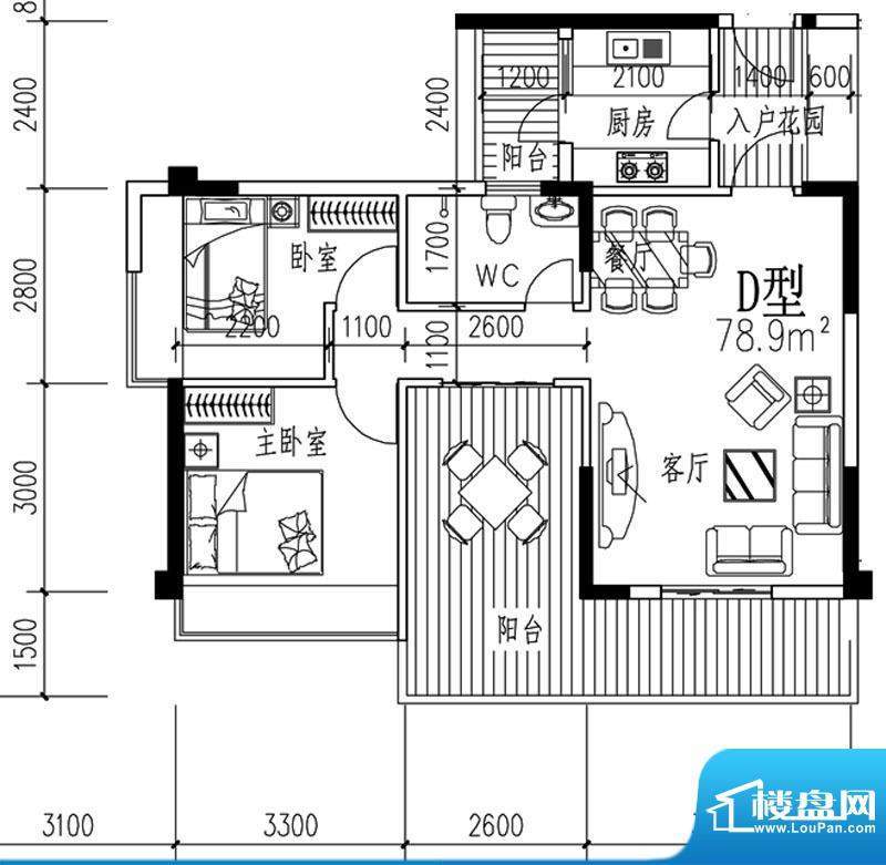 木马花园6栋D户型 2面积:78.90平米