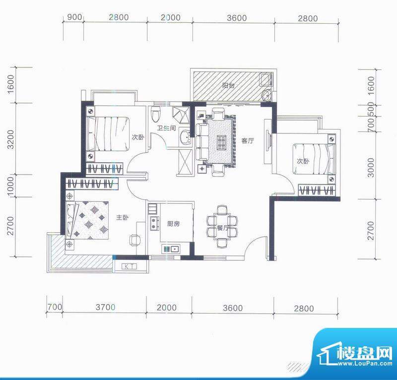 一城峯景A栋03户型 面积:88.09平米