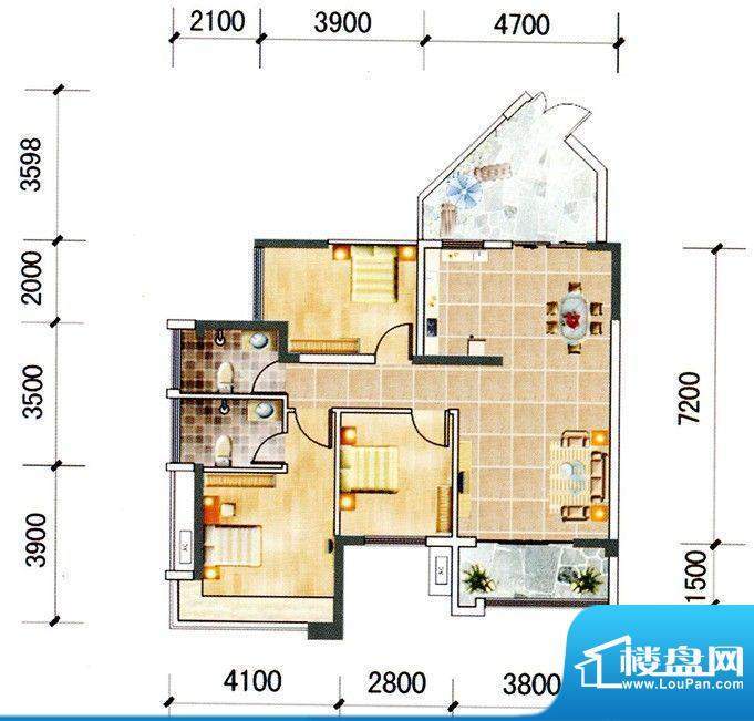 新江岸名轩E户型 3室面积:95.38m平米