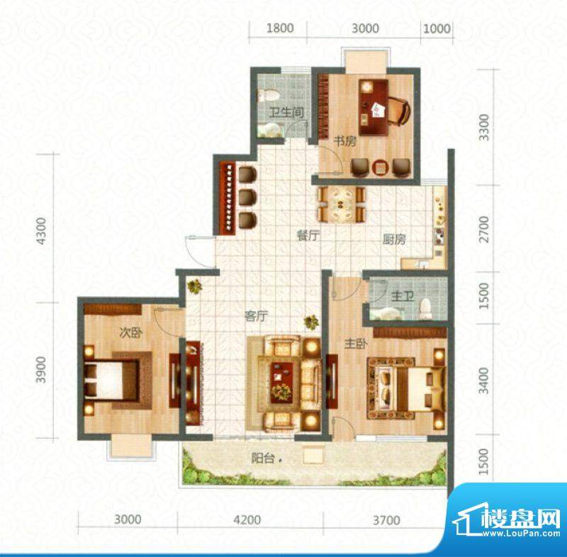 雄成国际B户型面积:107.93m平米