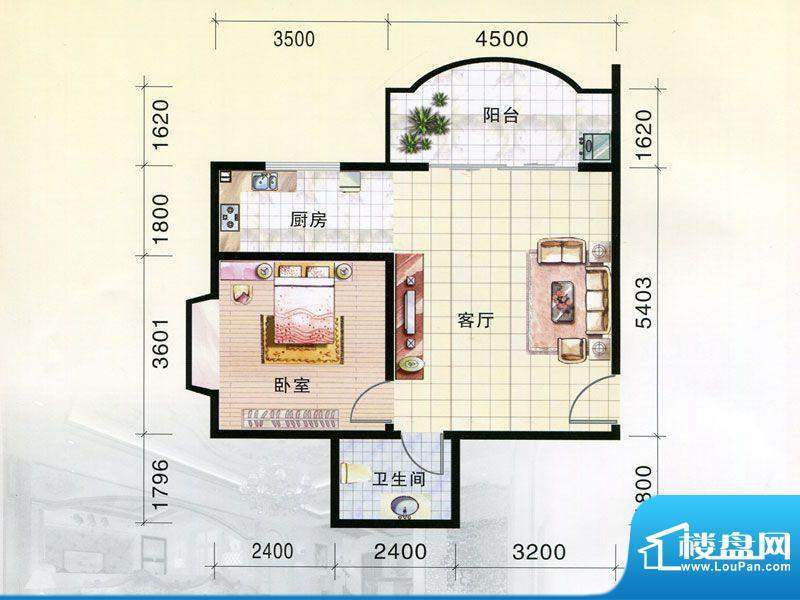 鸿泰名庭二期3-B户型面积:55.00m平米