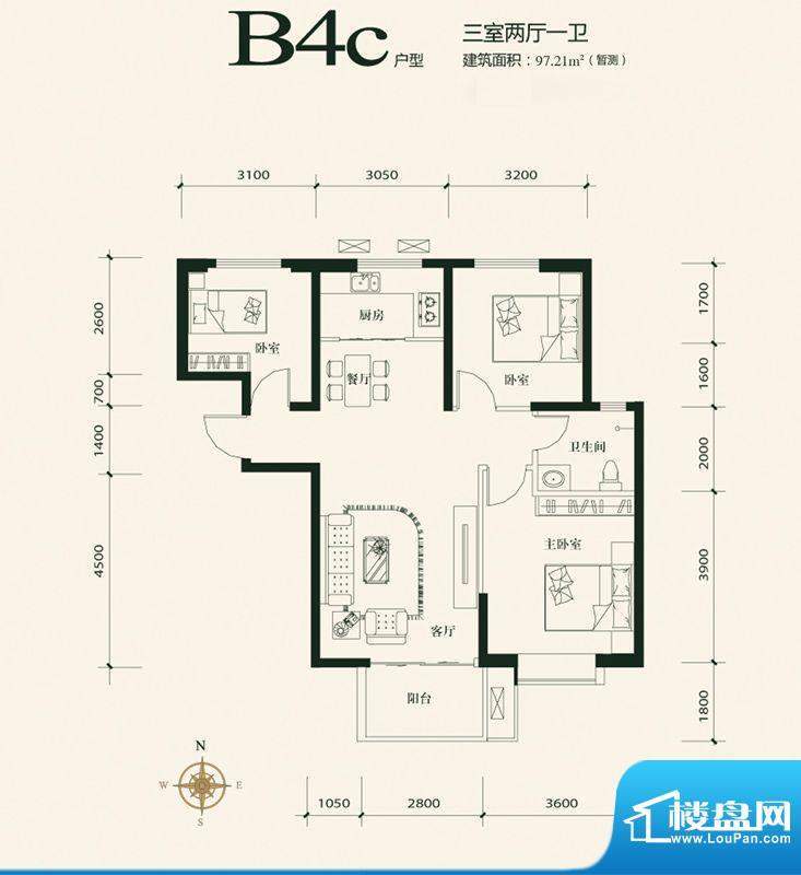 大家新城B4c户型 3室面积:97.21m平米