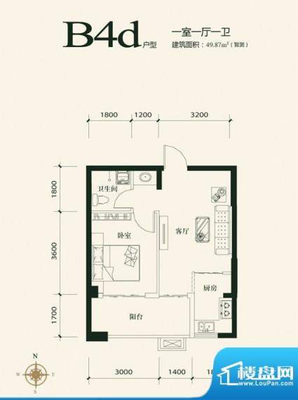 大家新城B4d户型 1室面积:49.87m平米