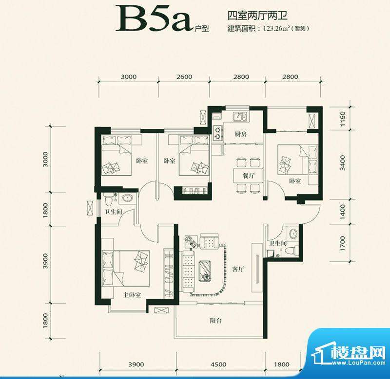 大家新城B5a户型 4室面积:123.26m平米