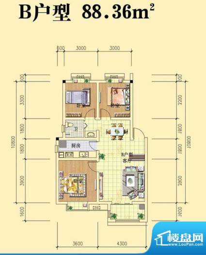 湖滨丽景B户型 3室2面积:88.36m平米