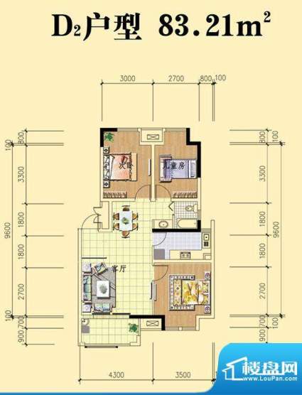 湖滨丽景D2户型 3室面积:83.21m平米