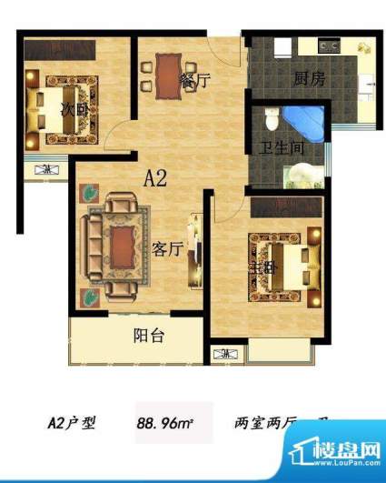 世纪名都A2户型 2室面积:88.96m平米