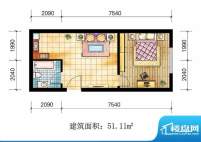 苹果公寓户型2 1室1面积:51.11m平米