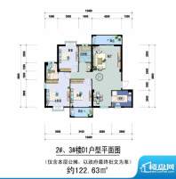 乐河国际D1型 3室2厅面积:122.63m平米