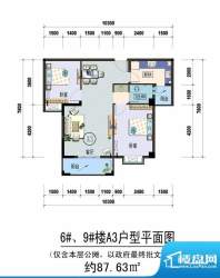 乐河国际A3型 2室2厅面积:87.63m平米