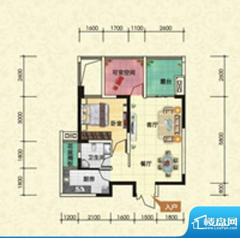 滨江壹号B4型 1室2厅面积:61.74m平米