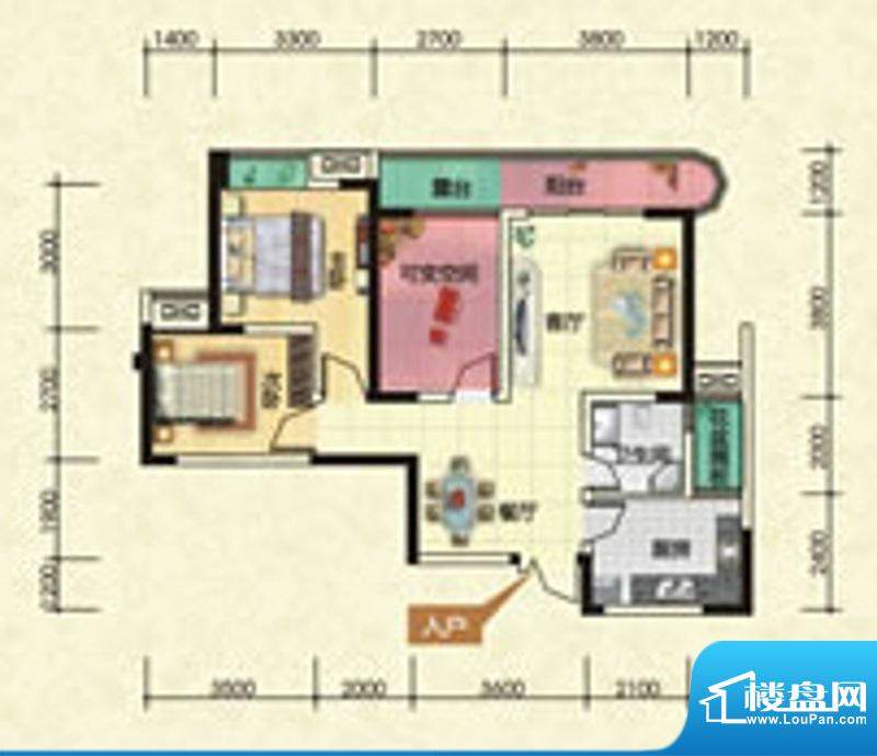 滨江壹号A6型 2室2厅面积:85.00m平米